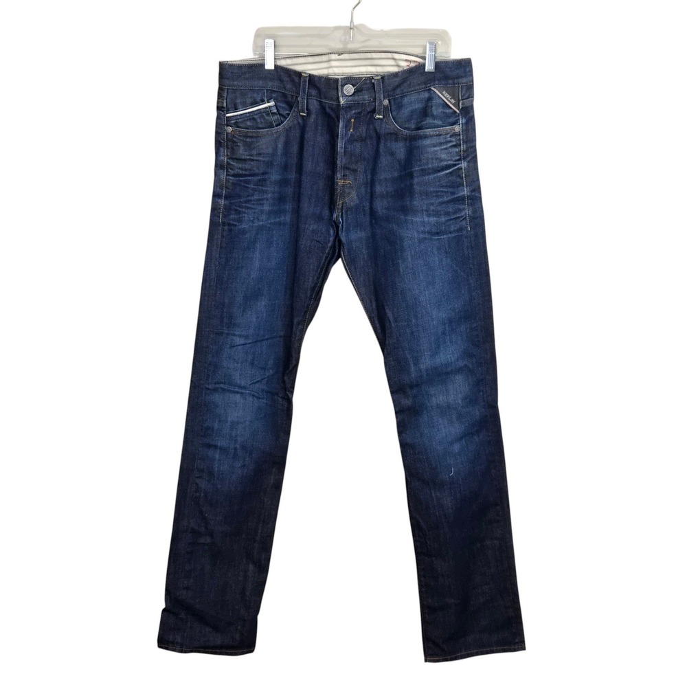 Replay Waitom Regular Slim Fit Jeans Mens 33x34 Dark Wash Button Fly Denim XLNT